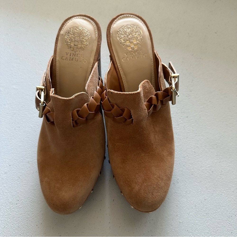 Vince Camuto Crashell  Wooden heel Buckle Clog Brown Suede Women's Clogs - Picture 3 of 9